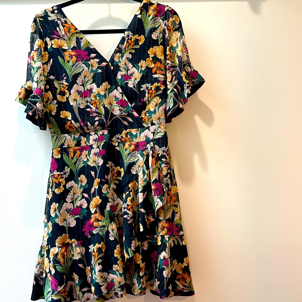 Adelyn Rae Sz S Navy Blue Floral Faux Wrap Mini Dress Ruffle Cocktail‎ Party